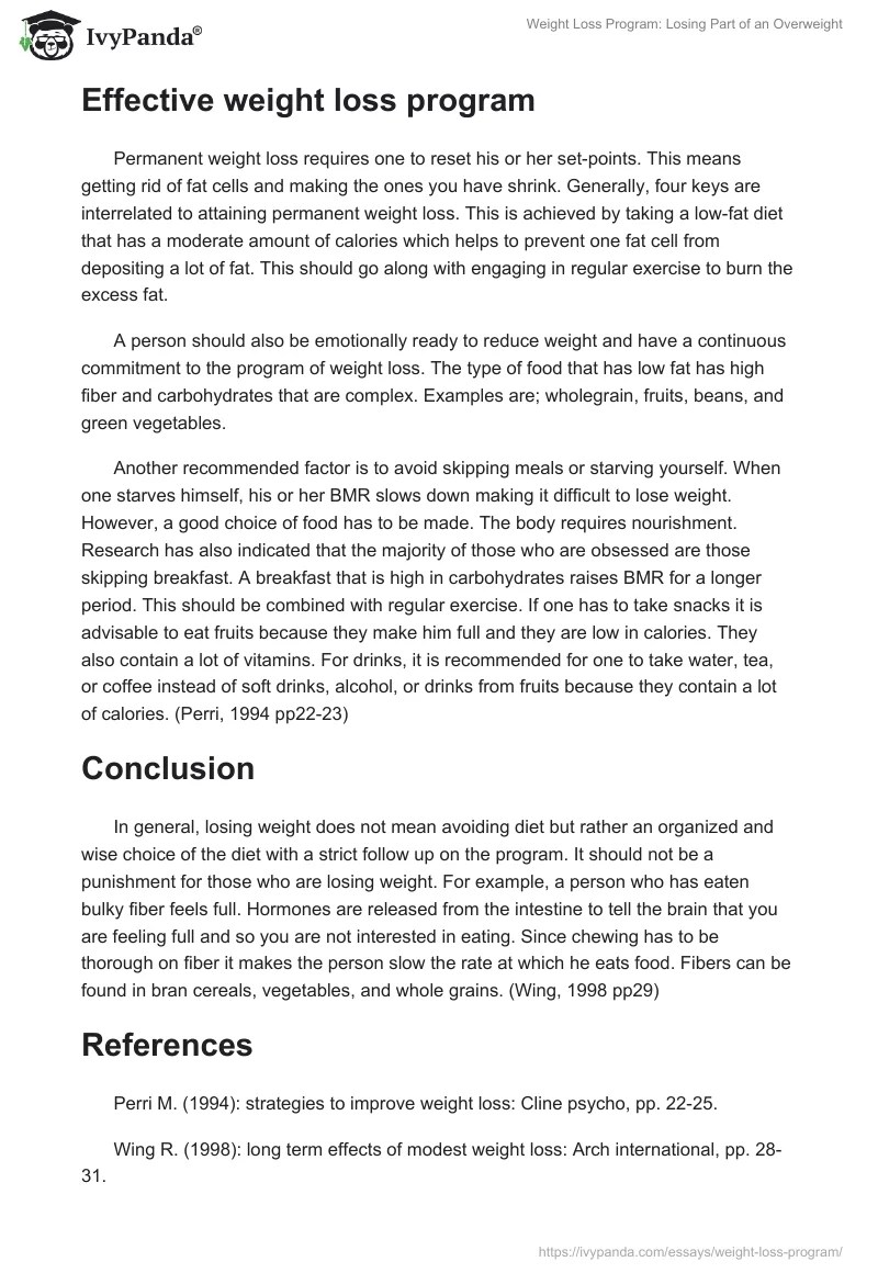 Weight Loss Program 720 Words Research Paper Example