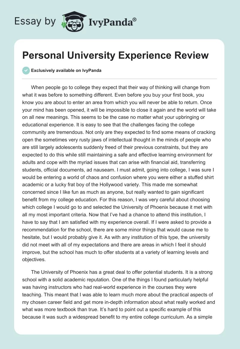 Personal University Experience Review 1693 Words Essay Example