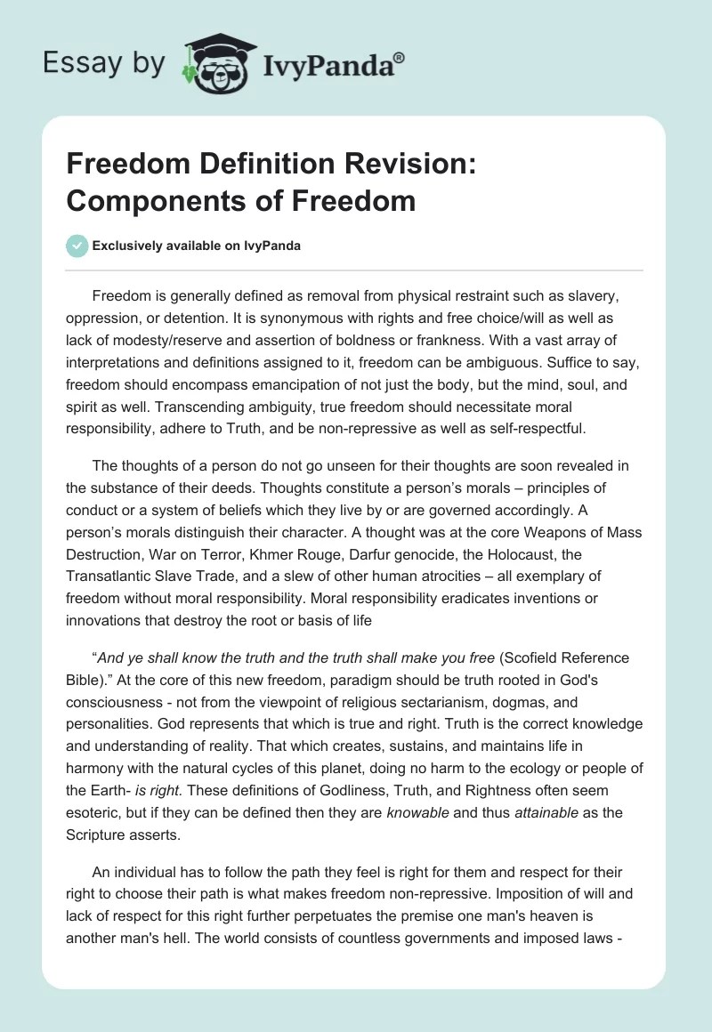 Freedom Definition Revision. Components of Freedom 541 Words Essay