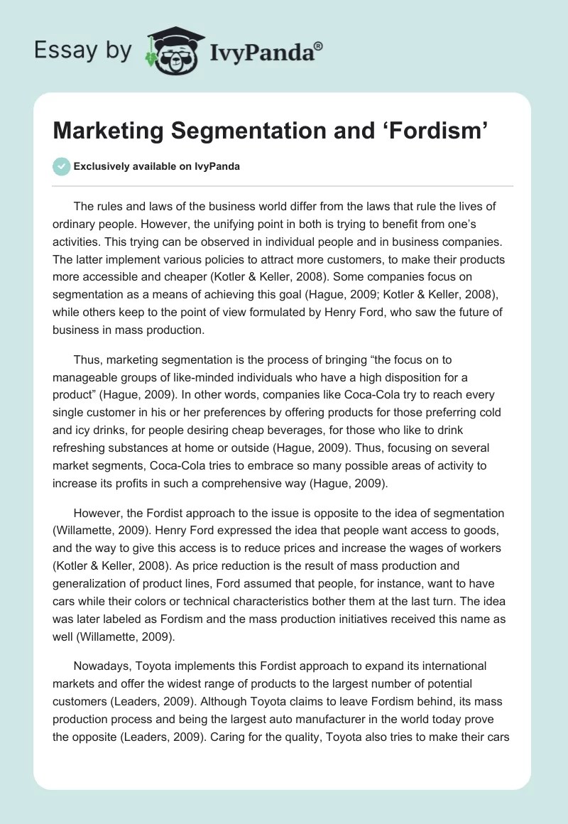 Marketing Segmentation and 'Fordism' 550 Words Essay Example