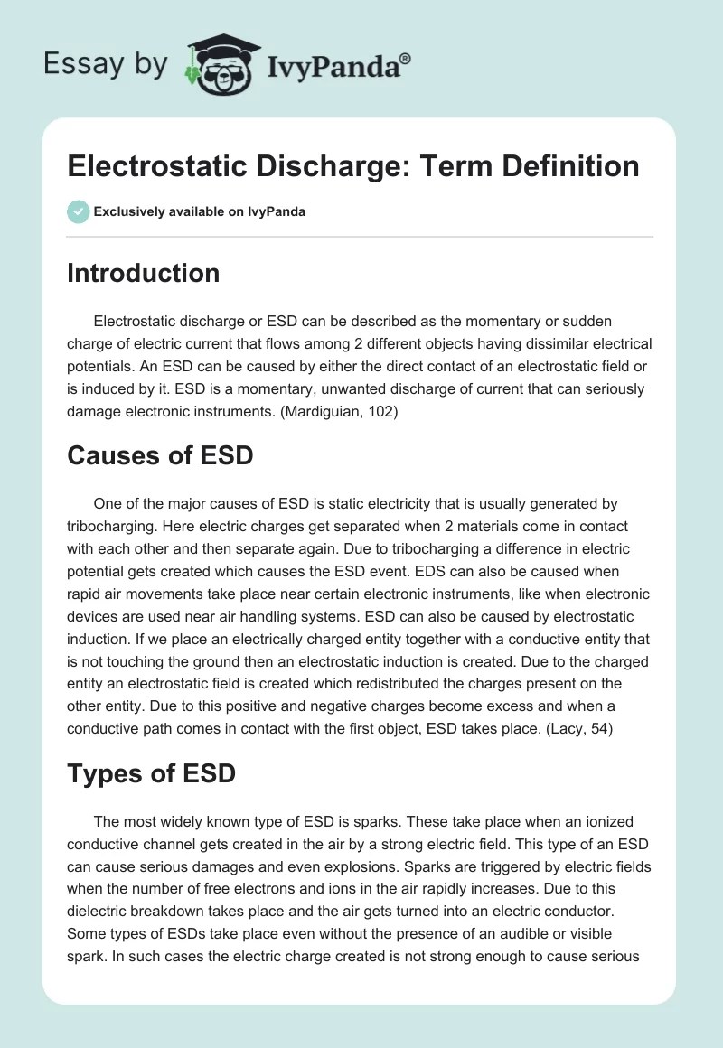 Electrostatic Discharge Term Definition 562 Words Essay Example