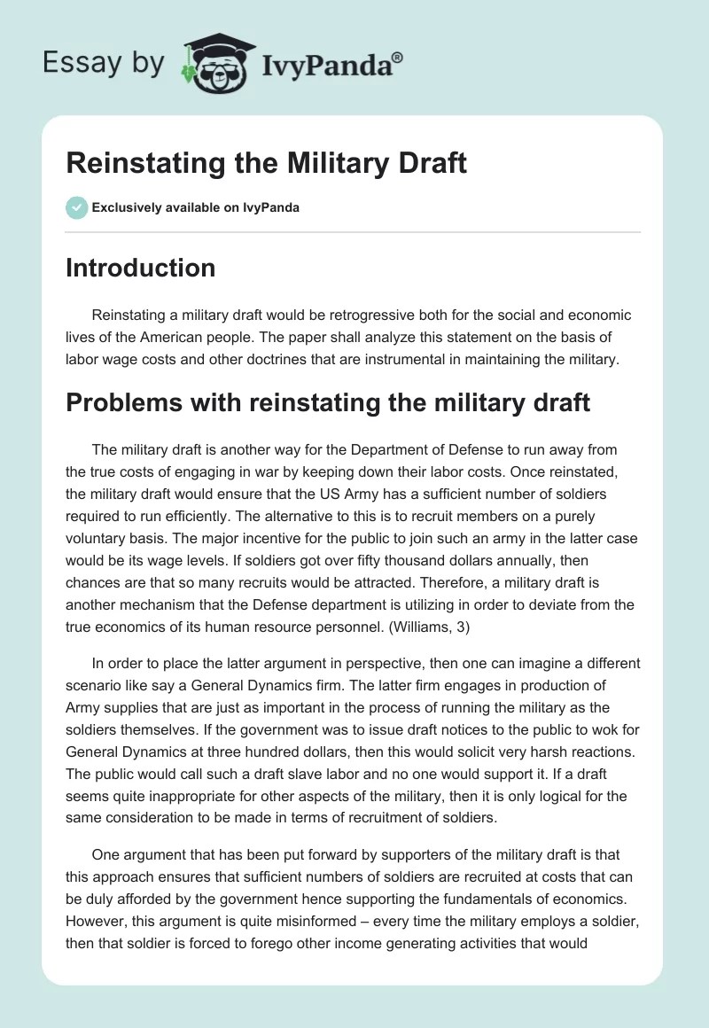 Reinstating the Military Draft 1012 Words Essay Example