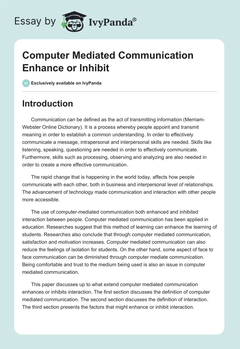 Computer Mediated Communication Enhance or Inhibit 4141 Words Essay Example