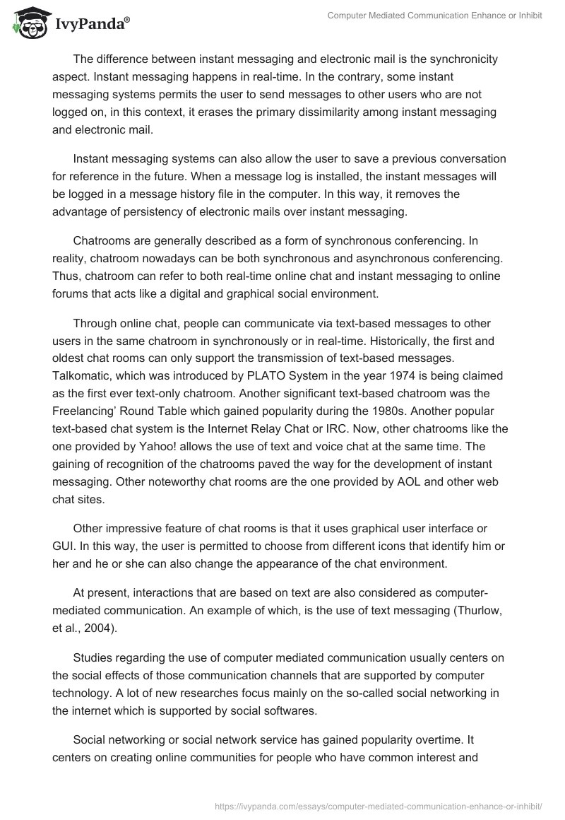 Computer Mediated Communication Enhance or Inhibit 4141 Words Essay Example