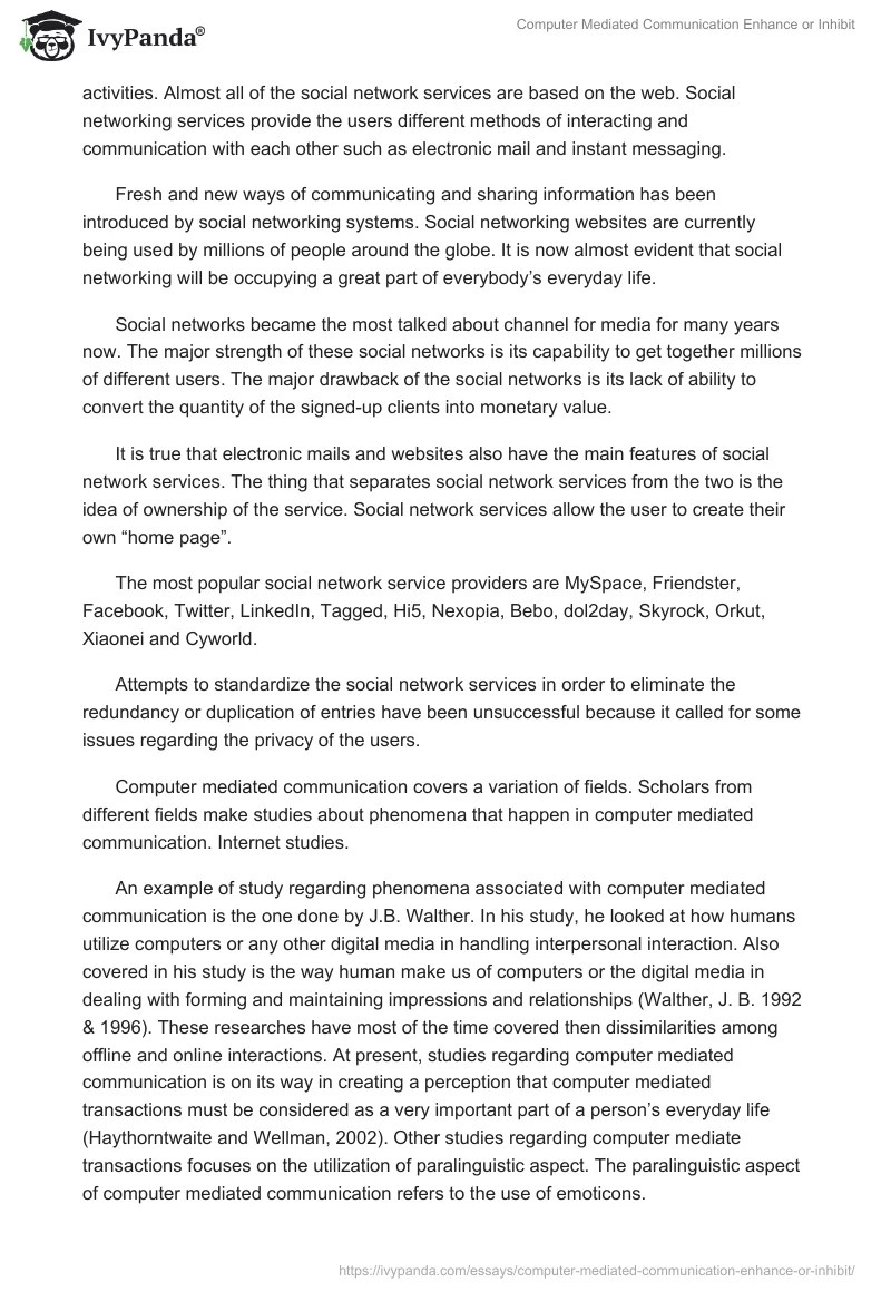 Computer Mediated Communication Enhance or Inhibit 4141 Words Essay Example
