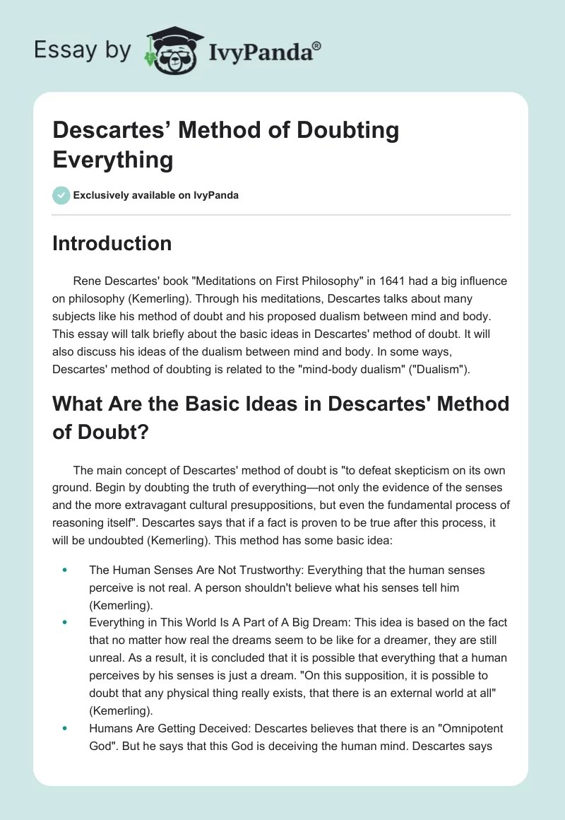 Descartes' Method of Doubting Everything 631 Words Essay Example