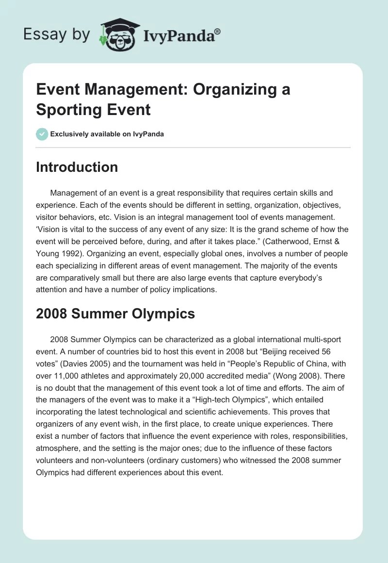 Event Management Organizing a Sporting Event 1011 Words Essay Example