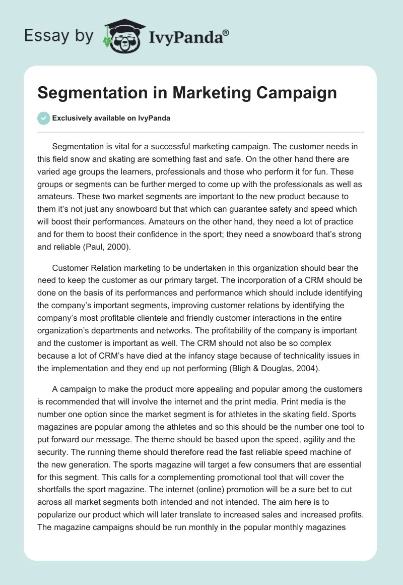 Segmentation in Marketing Campaign 584 Words Assessment Example