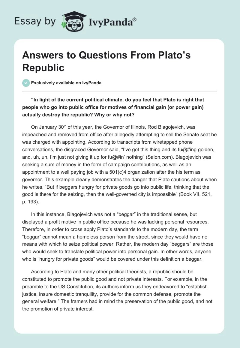 Answers to Questions from Plato's Republic 1509 Words Research Paper Example