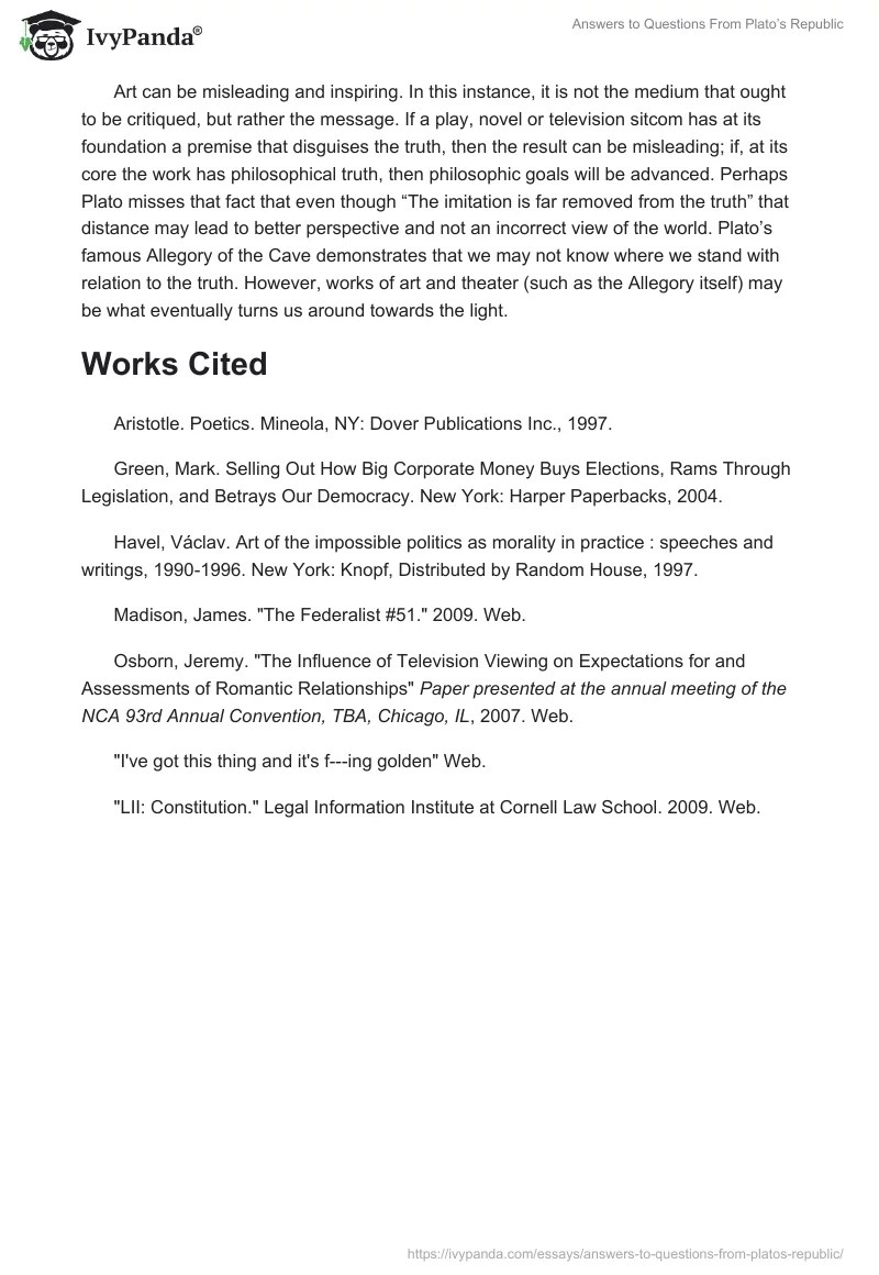 Answers to Questions from Plato's Republic 1509 Words Research Paper Example