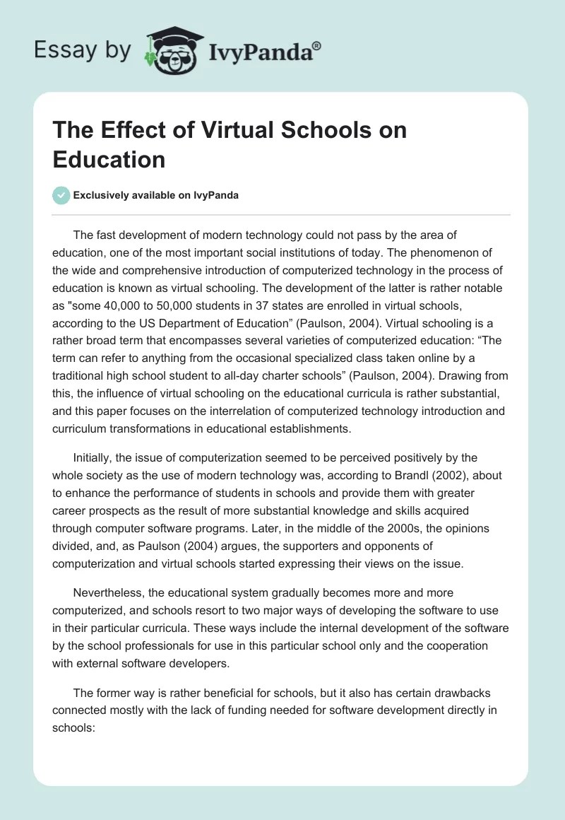 The Effect of Virtual Schools on Education 2989 Words Research