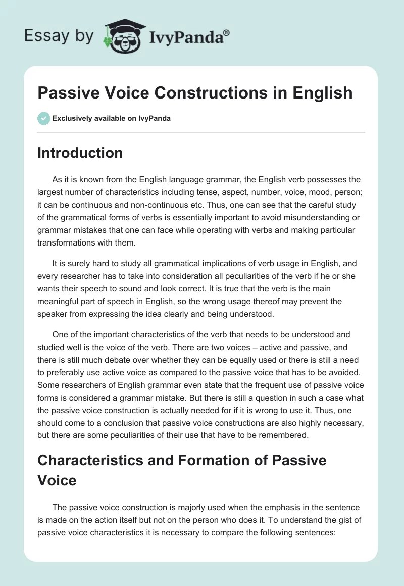 Passive Voice Constructions in English 2289 Words Research Paper
