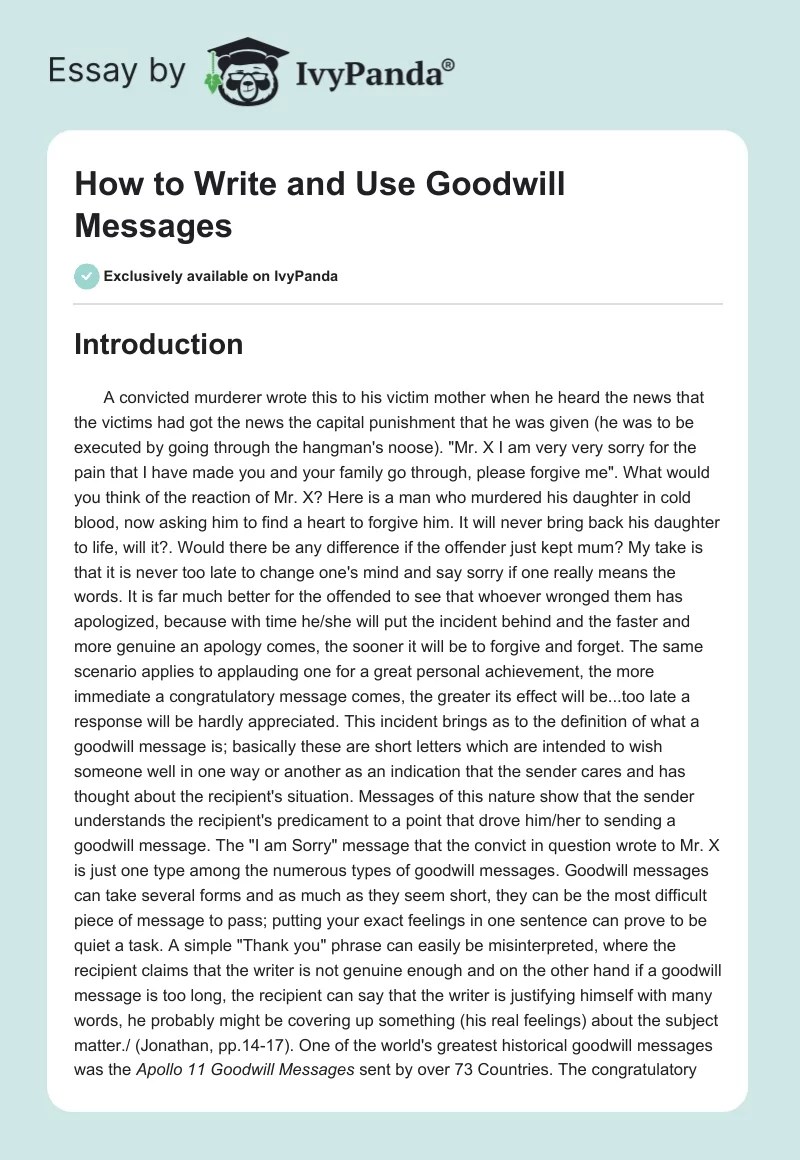 How to Write and Use Goodwill Messages 1578 Words Report Example