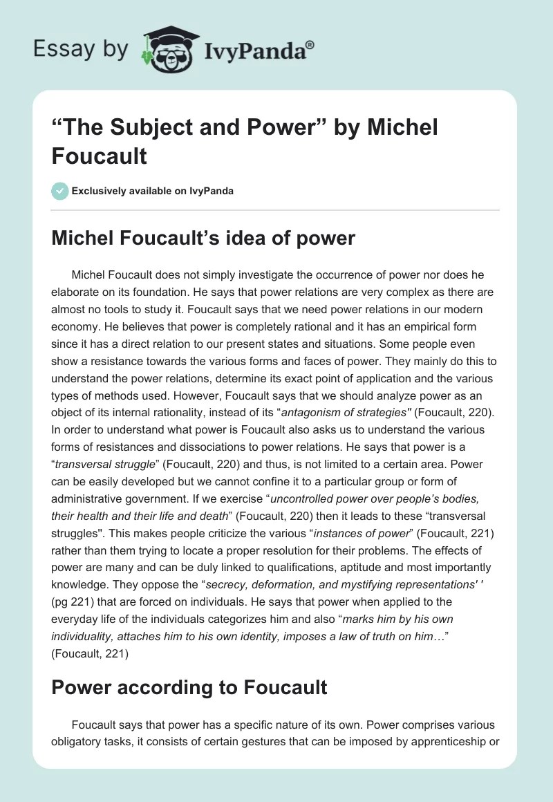 "The Subject and Power" by Michel Foucault 1657 Words Essay Example