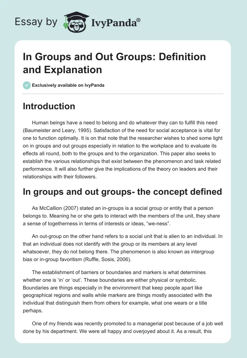 In Groups and Out Groups Definition and Explanation 1379 Words