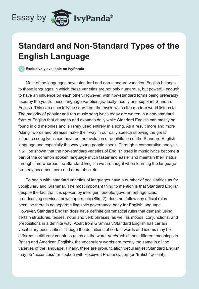 Standard and NonStandard Types of the English Language 834 Words