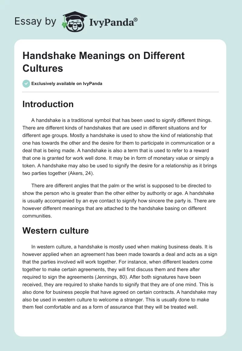 Handshake Meanings on Different Cultures 640 Words Essay Example