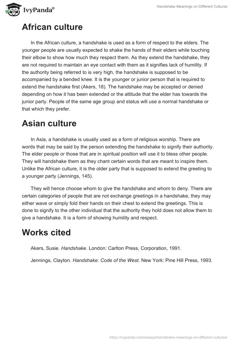 Handshake Meanings on Different Cultures 640 Words Essay Example