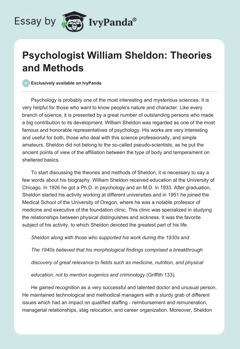Psychologist William Sheldon Theories and Methods 838 Words
