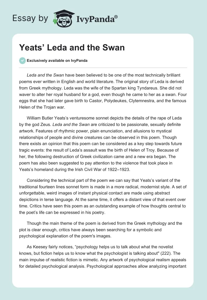 Yeats' "Leda and the Swan" 1252 Words Essay Example