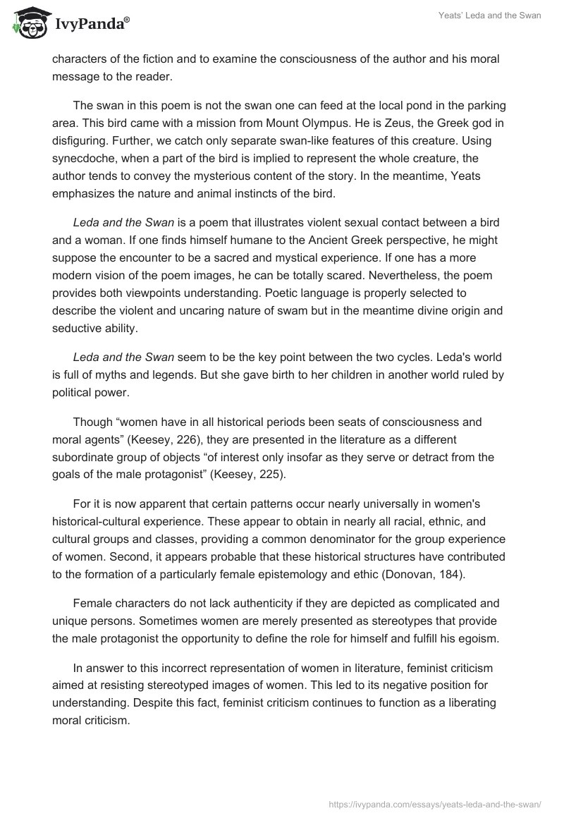 Yeats' "Leda and the Swan" 1252 Words Essay Example