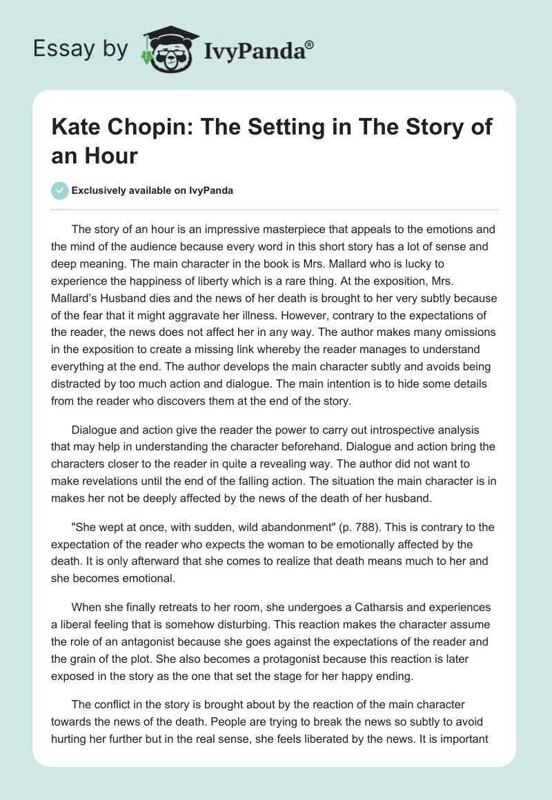 Kate Chopin The Setting in "The Story of an Hour" 586 Words Essay