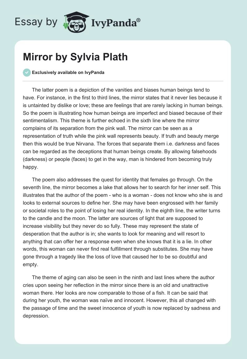 "Mirror" by Sylvia Plath 409 Words Essay Example