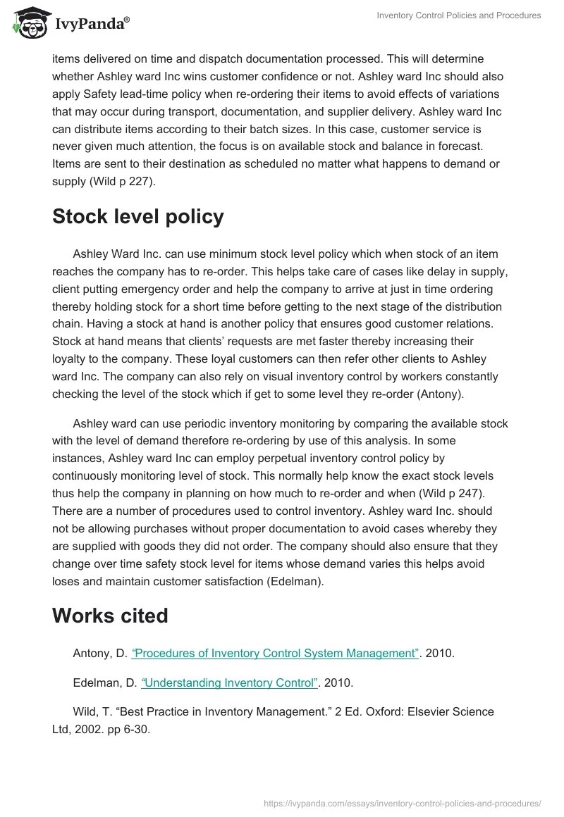 Inventory Control Policies and Procedures 713 Words Essay Example