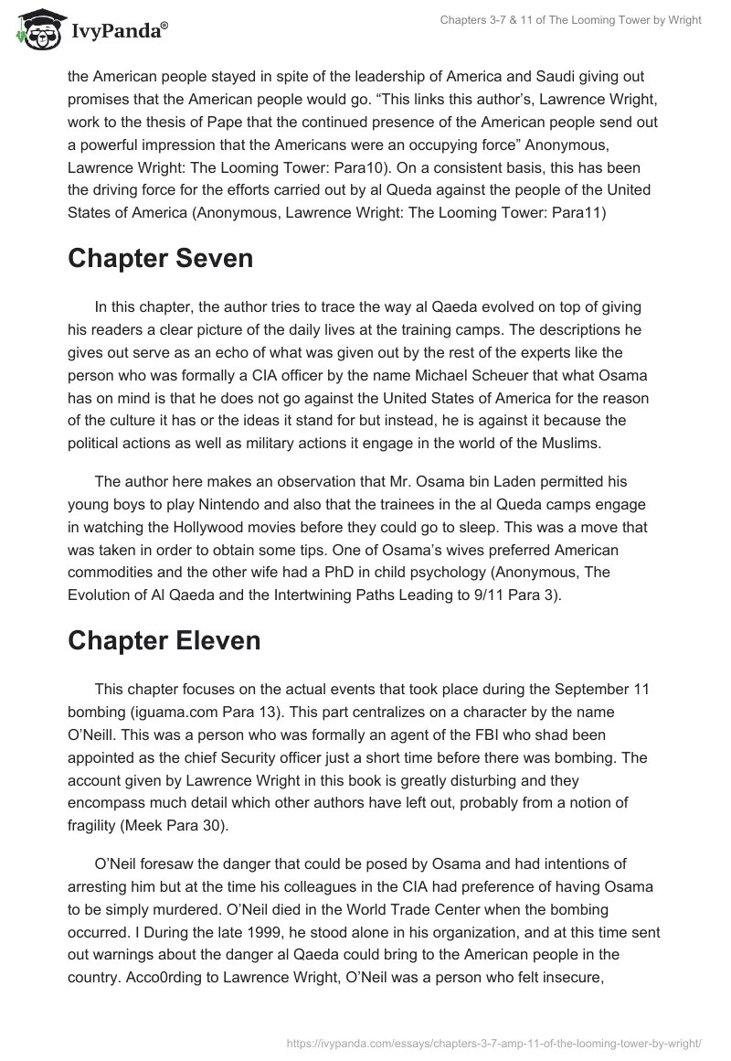 Chapters 37 & 11 of The Looming Tower by Wright 2296 Words Essay Example