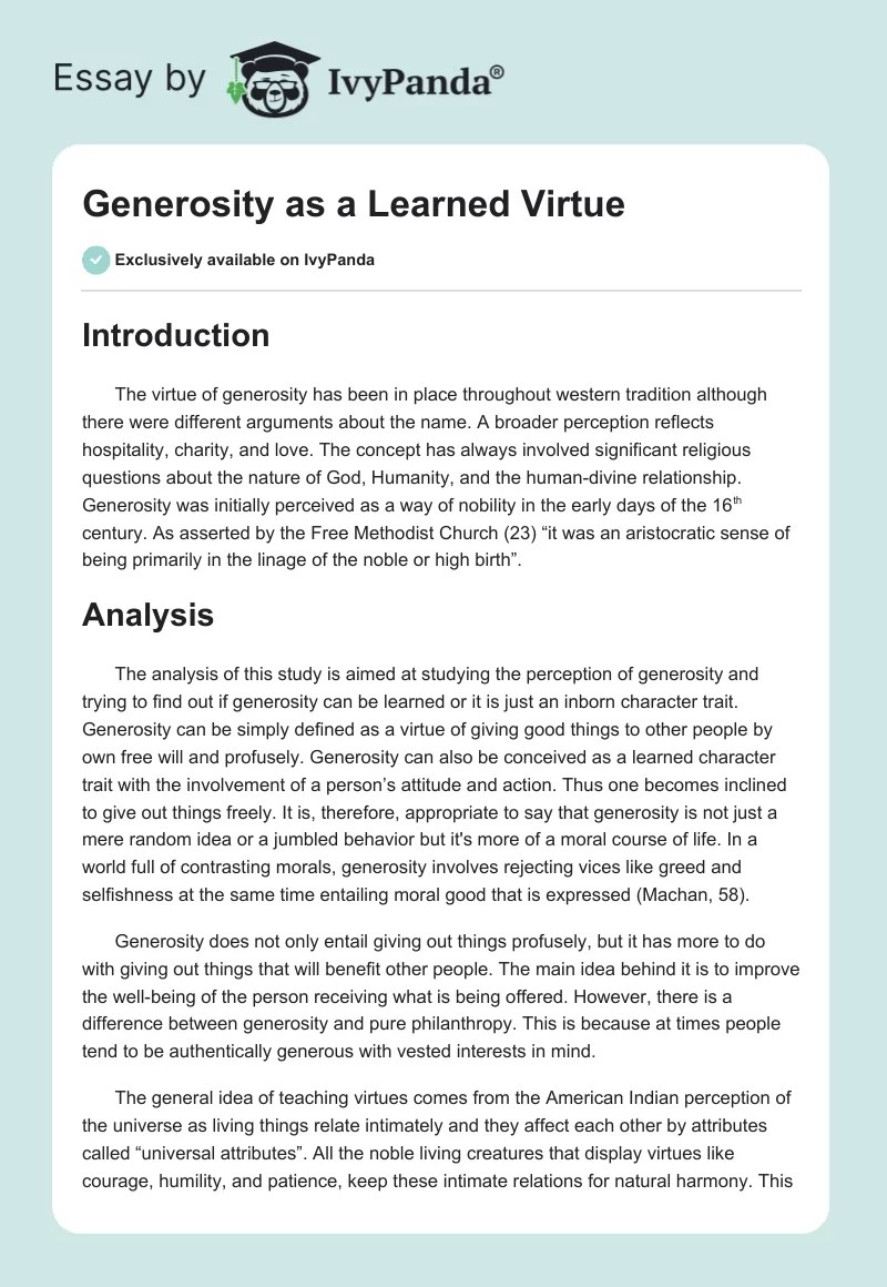 Generosity as a Learned Virtue 610 Words Thesis Example