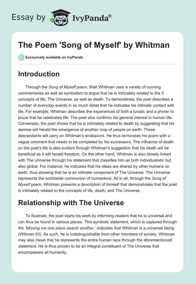 The Poem 'Song of Myself' by Whitman 1120 Words Essay Example