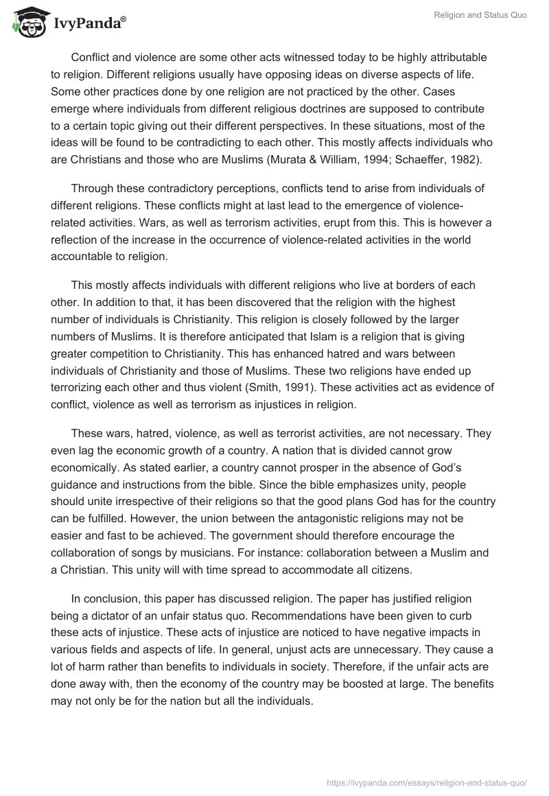 Religion and Status Quo 2321 Words Essay Example