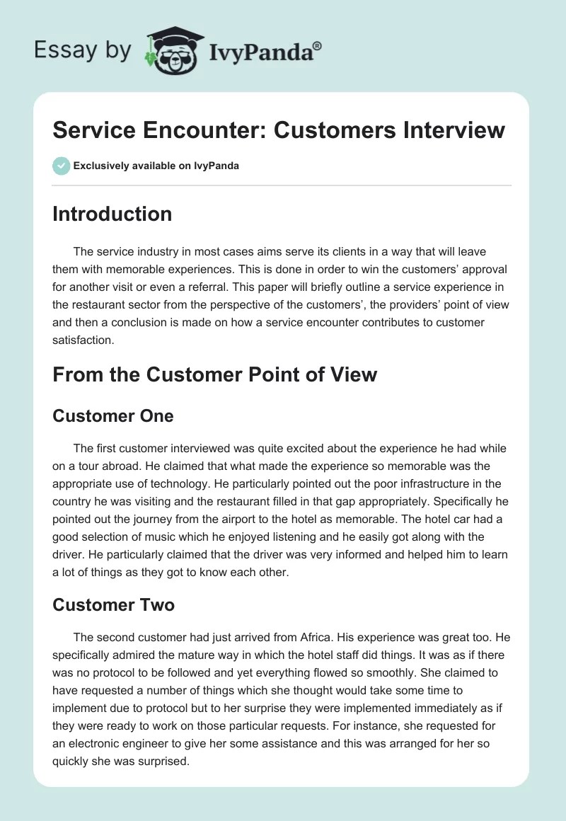 Service Encounter Customers Interview 984 Words Assessment Example