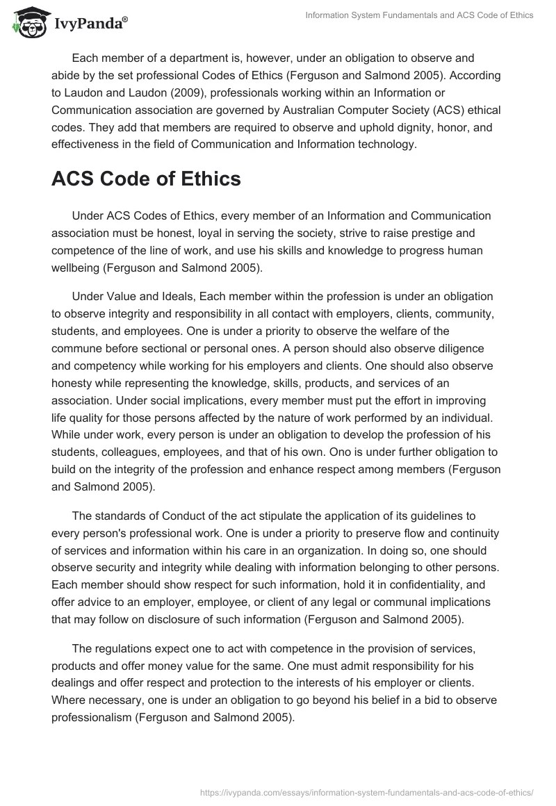 Information System Fundamentals and ACS Code of Ethics 1265 Words