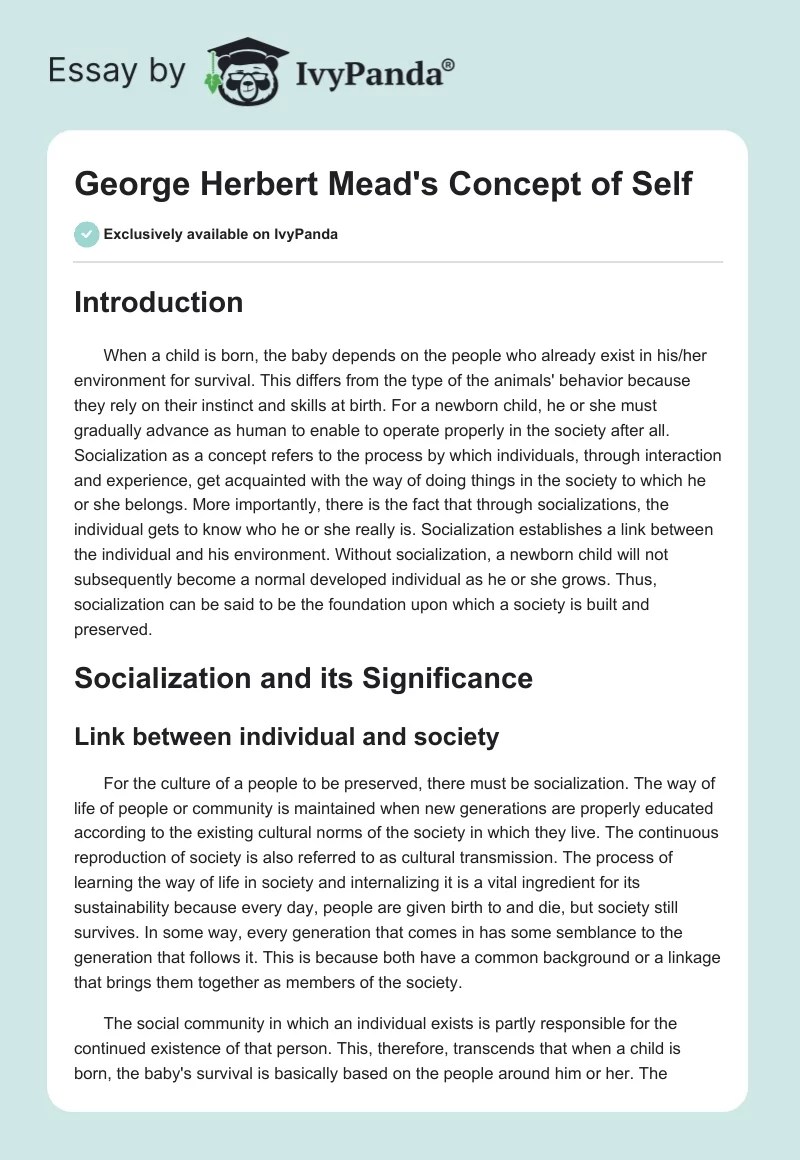 Herbert Mead's Concept of Self 846 Words Essay Example