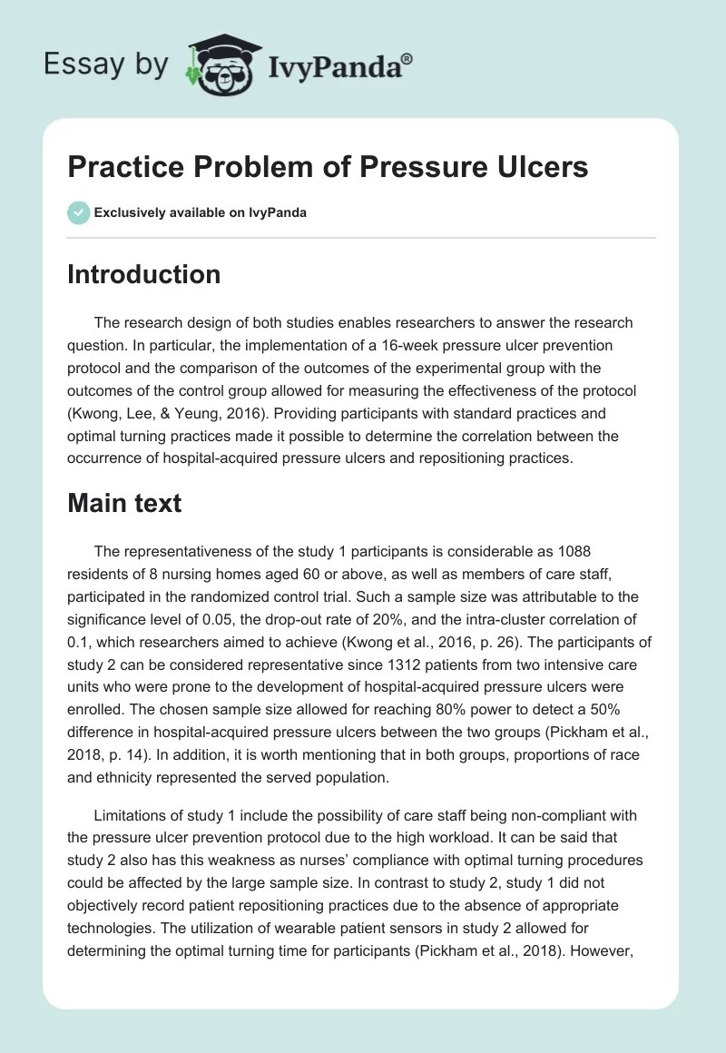 Practice Problem of Pressure Ulcers 407 Words Essay Example