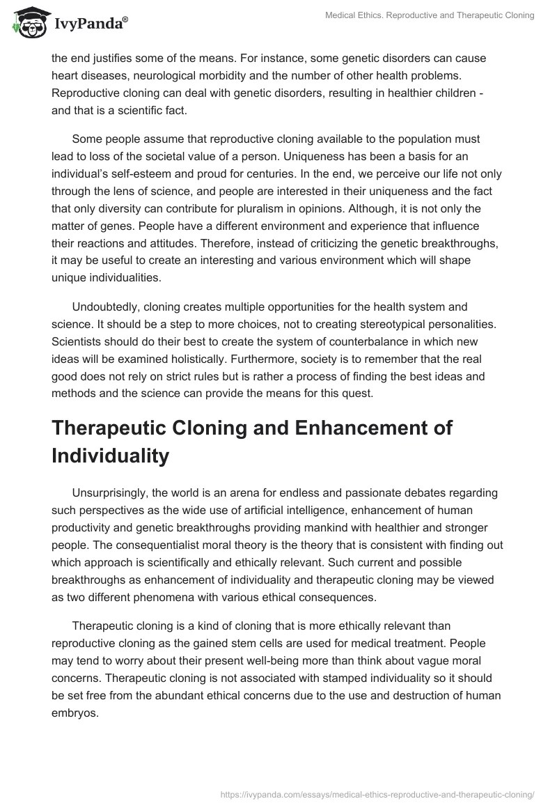 Medical Ethics. Reproductive & Therapeutic Cloning 1152 Words