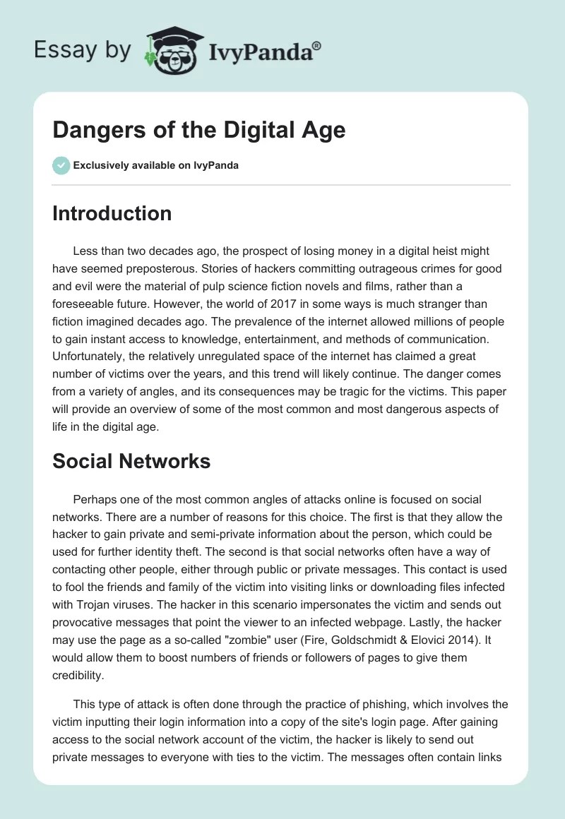 Dangers of the Digital Age 1347 Words Essay Example