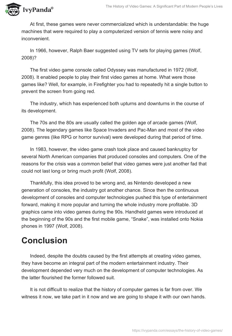 The History of Video Games 574 Words Essay Example