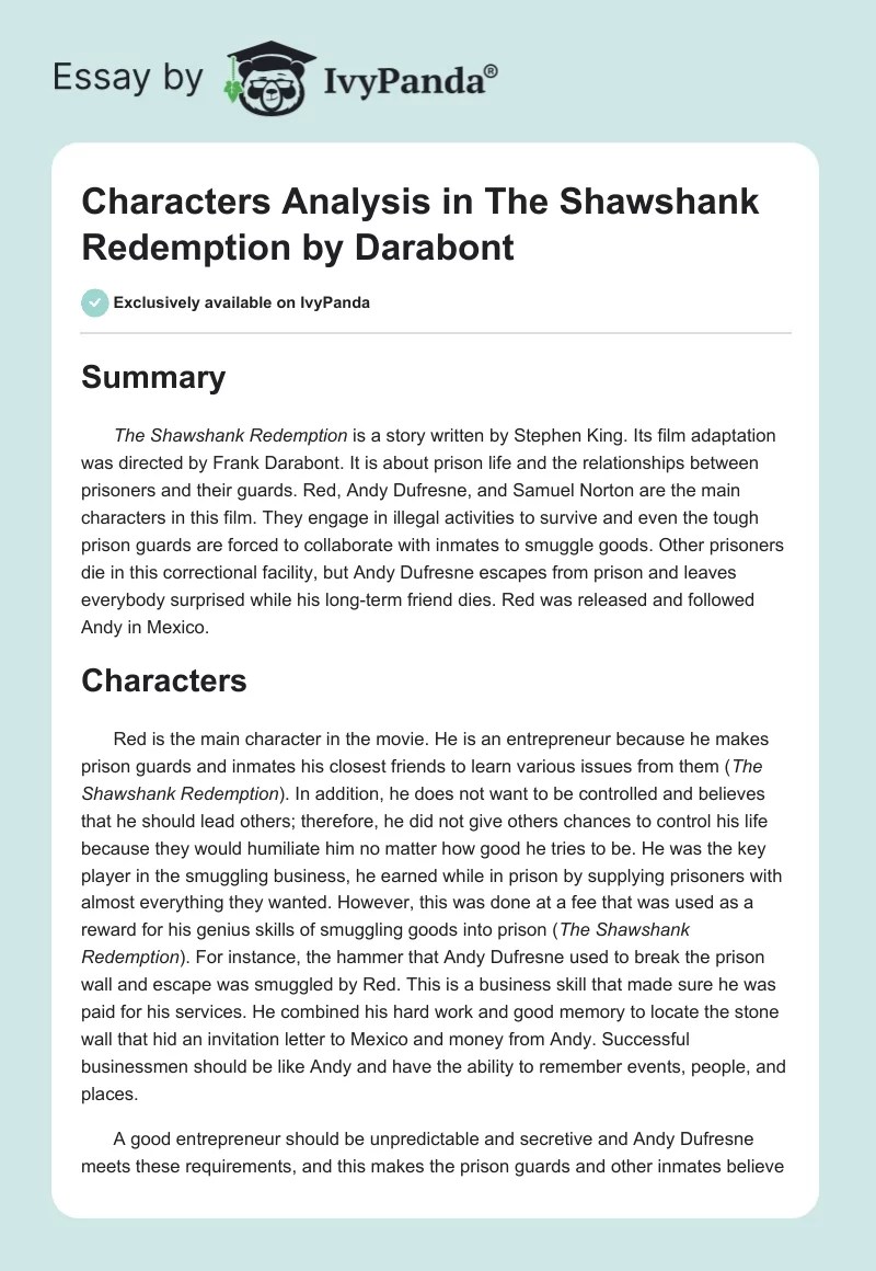 Characters Analysis in "The Shawshank Redemption" by Darabont 671