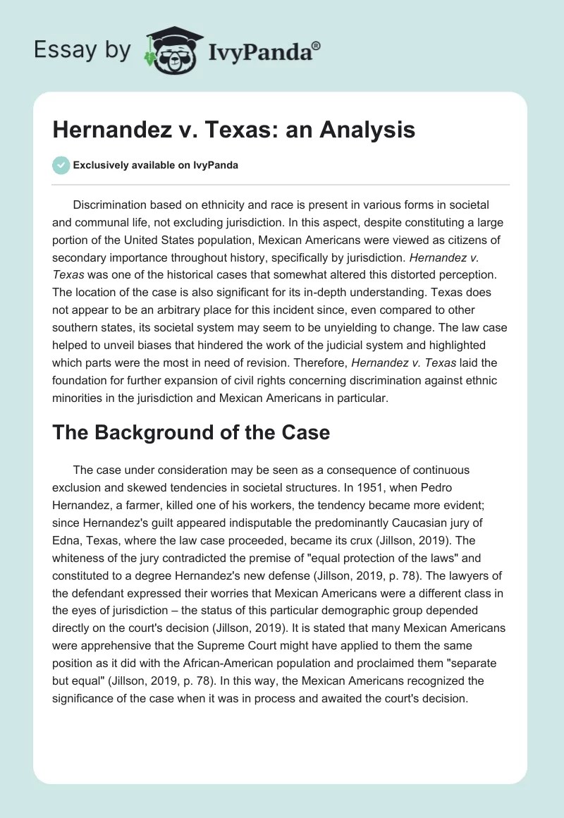 Hernandez v. Texas an Analysis 1117 Words Research Paper Example