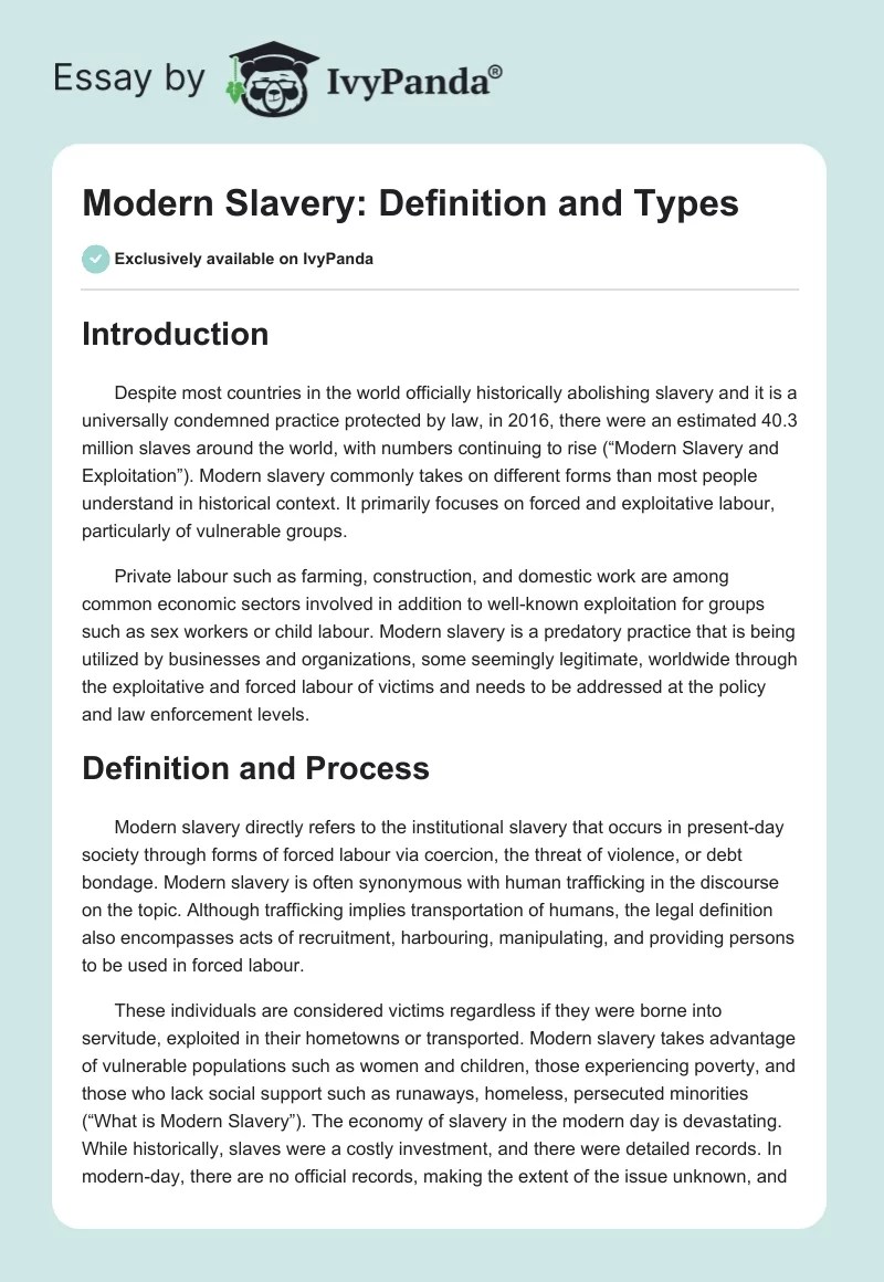 Modern Slavery Definition and Types 941 Words Essay Example