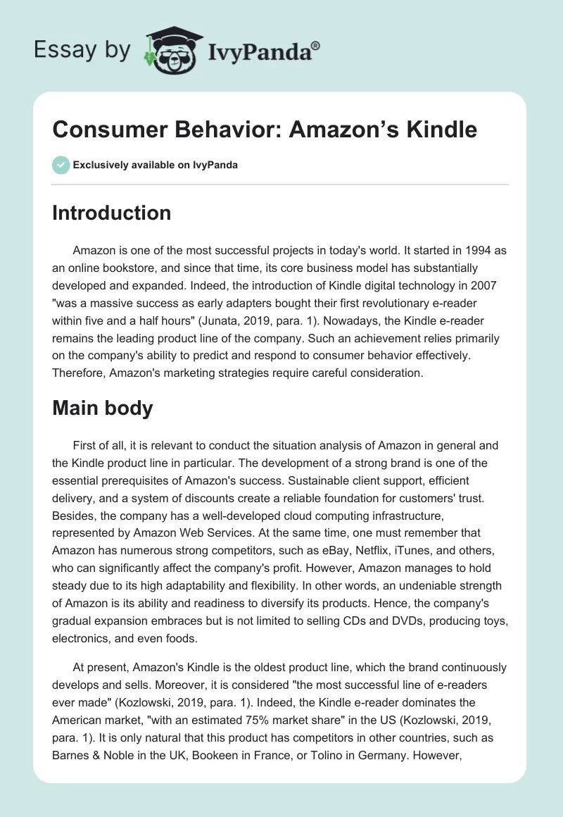 Consumer Behavior Amazon's Kindle 1229 Words Report Example
