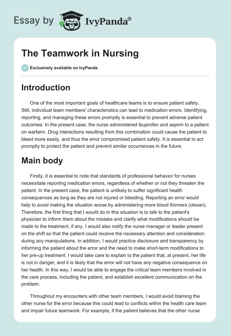 The Teamwork in Nursing 1156 Words Case Study Example