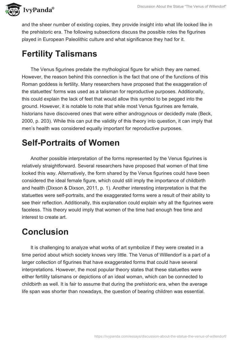 Discussion About the Statue "The Venus of Willendorf" 671 Words