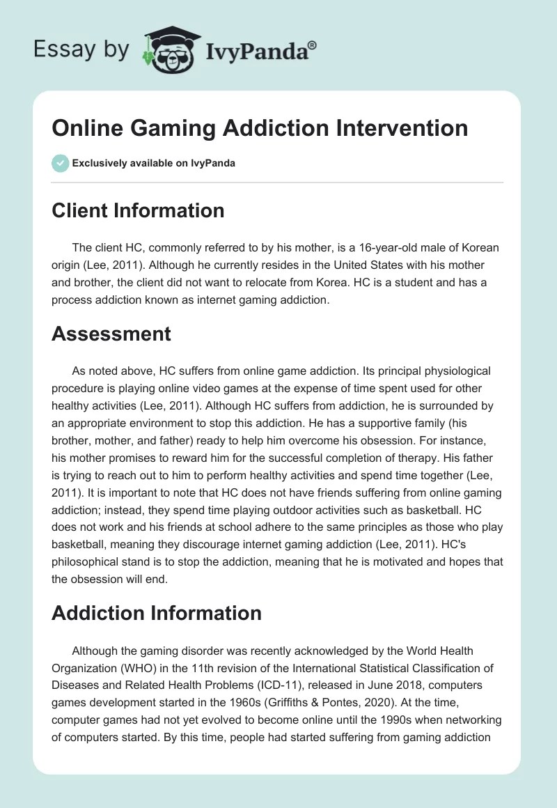 Online Gaming Addiction Intervention 680 Words Case Study Example