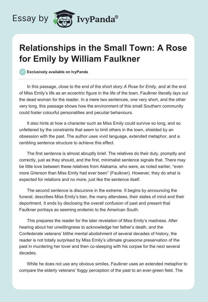 Relationships in the Small Town "A Rose for Emily" by William Faulkner