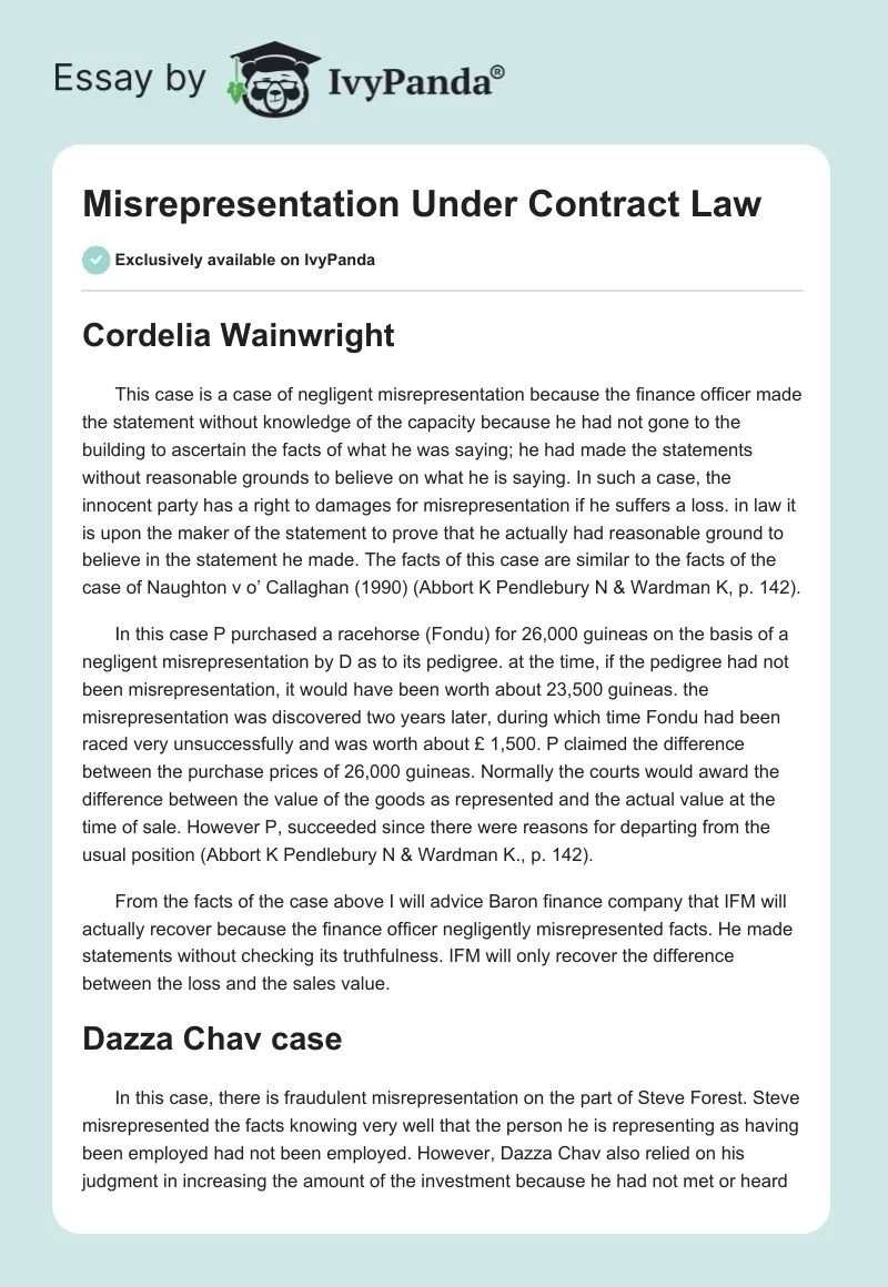 Misrepresentation Under Contract Law 1902 Words Case Study Example