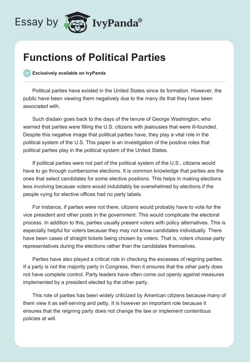 Functions of political parties 545 Words Essay Example