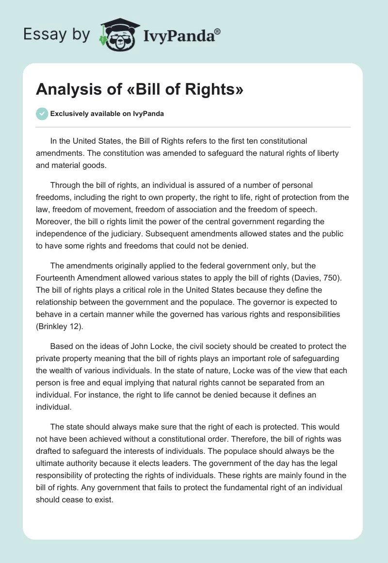 Bill of Rights 833 Words Essay Example